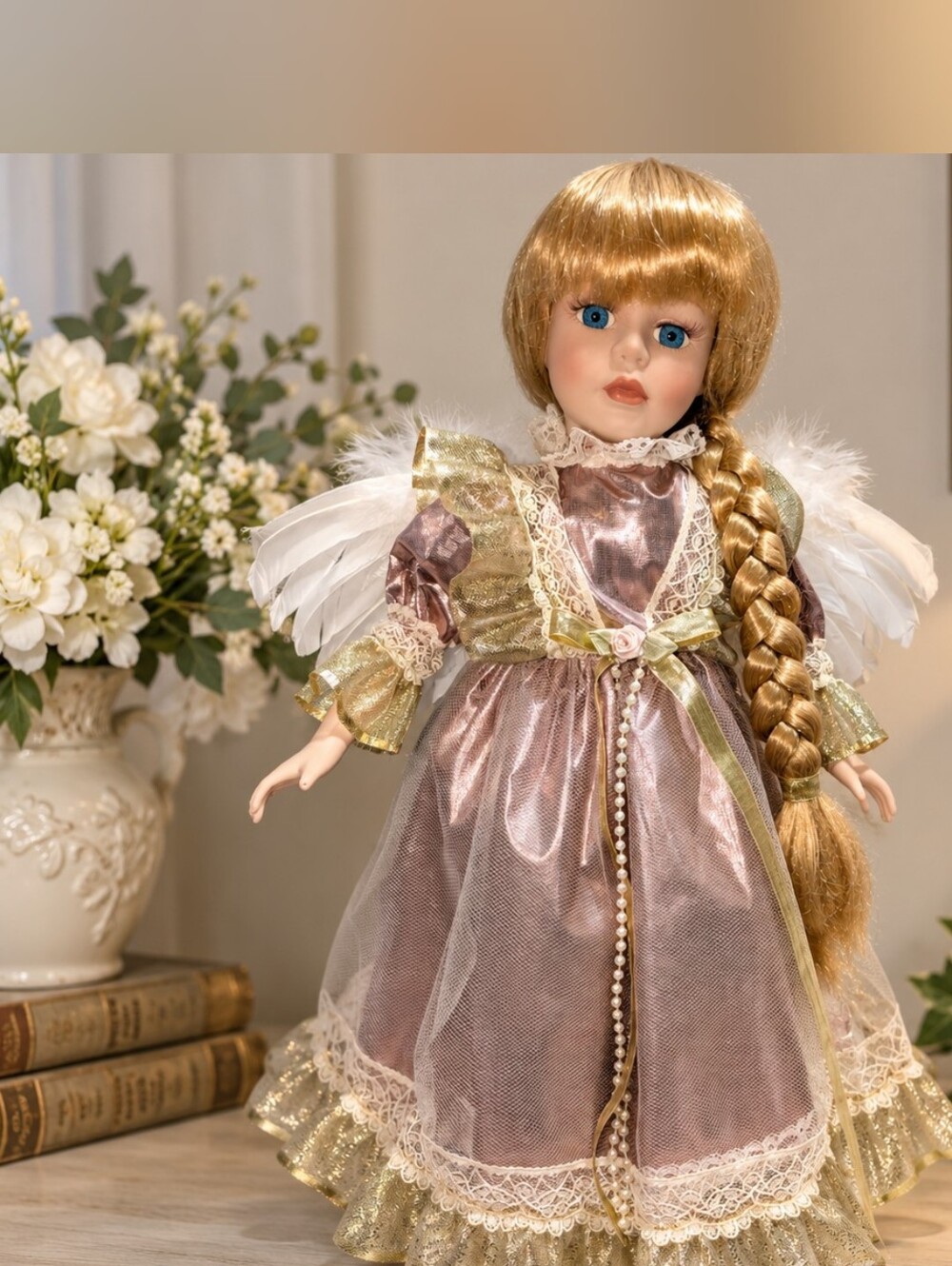 Vintage 16" Porcelain Angel Doll Blonde Braid Feather Wings Victorian Gown